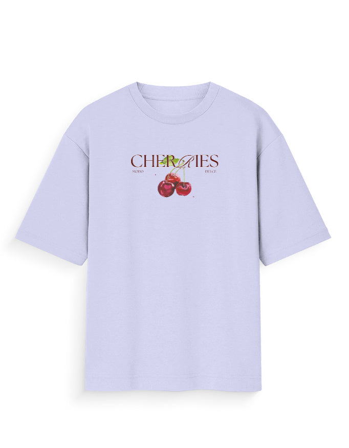 Oversized light purple streetwear t-shirt with cherries graphic and stylish text on front