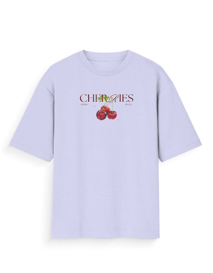 Oversized light purple streetwear t-shirt with cherries graphic and stylish text on front