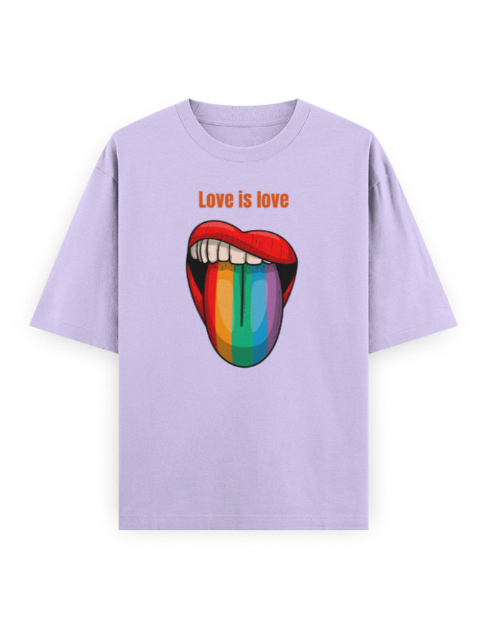 Lavender oversized t-shirt with 'Love is love' text and rainbow tongue graphic