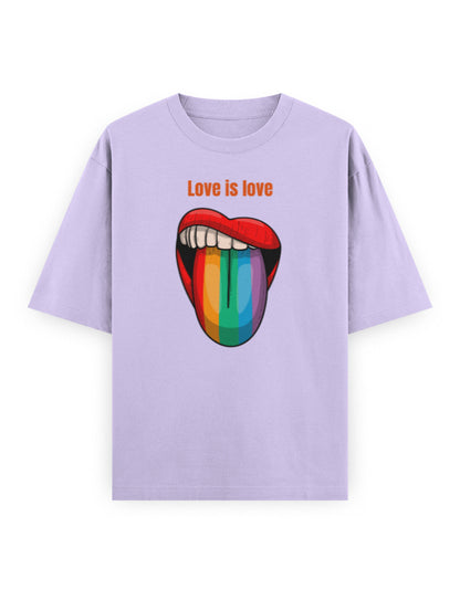 Lavender oversized t-shirt with 'Love is love' text and rainbow tongue graphic