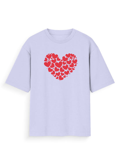 Oversized light purple t-shirt with a large red heart graphic made of smaller hearts