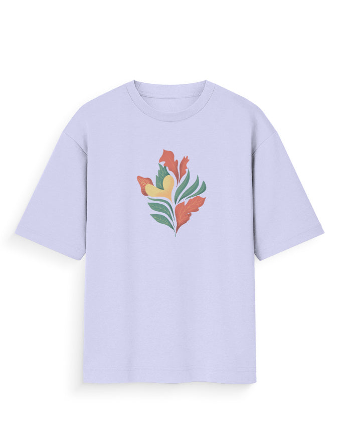 Oversized lavender t-shirt with abstract colorful leaf graphic, streetwear design