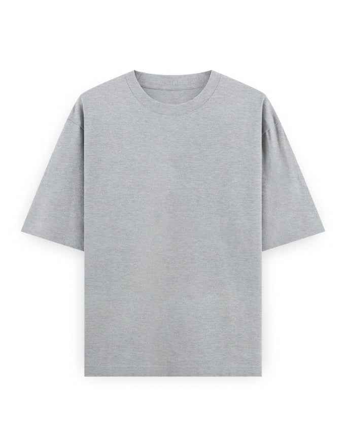 Oversized light grey streetwear t-shirt with short sleeves on white background