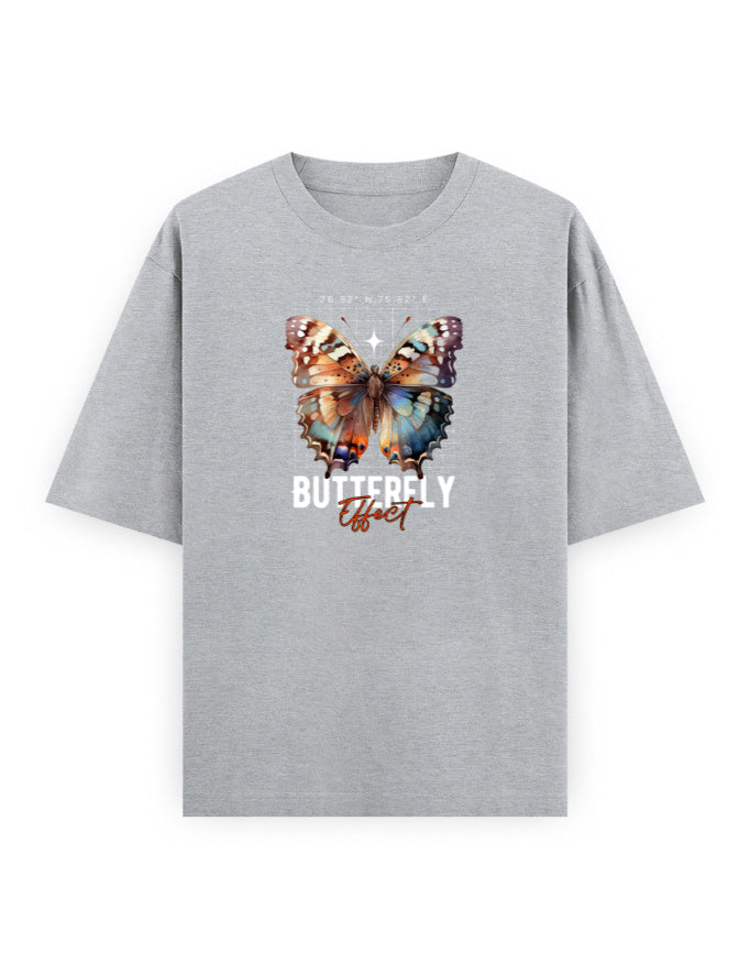 Grey oversized t-shirt with colorful butterfly graphic and 'Butterfly Effect' text on front.