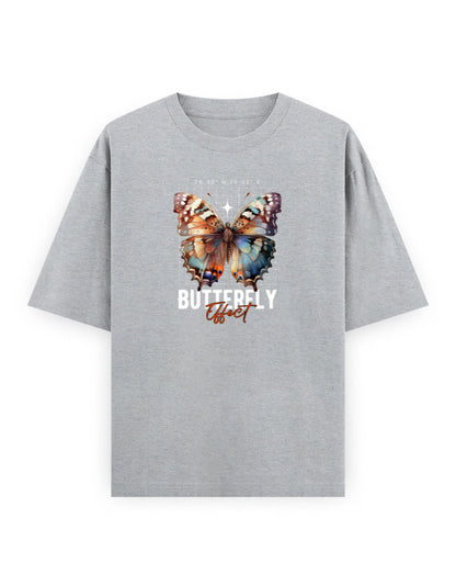Grey oversized t-shirt with colorful butterfly graphic and 'Butterfly Effect' text on front.