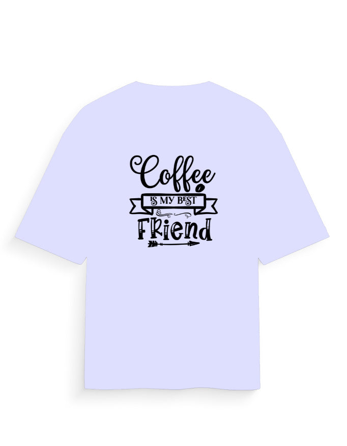 Oversized lavender t-shirt with 'Coffee is my best friend' graphic print on back