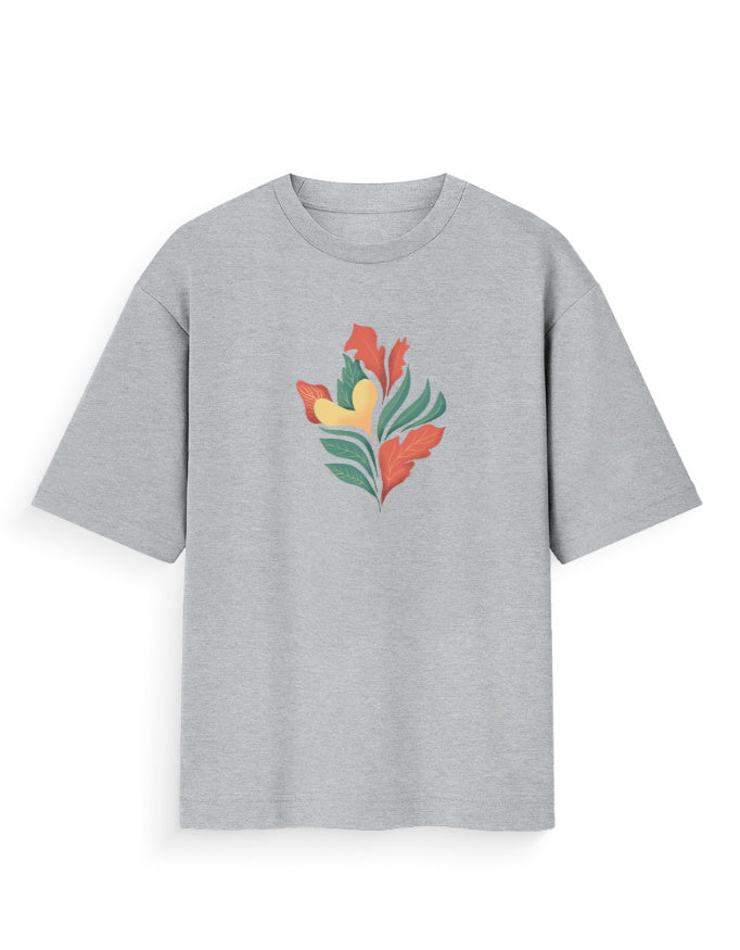 Grey oversized t-shirt with colorful abstract floral graphic on front, streetwear style