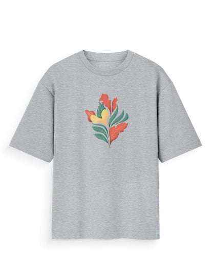 Grey oversized t-shirt with colorful abstract floral graphic on front, streetwear style