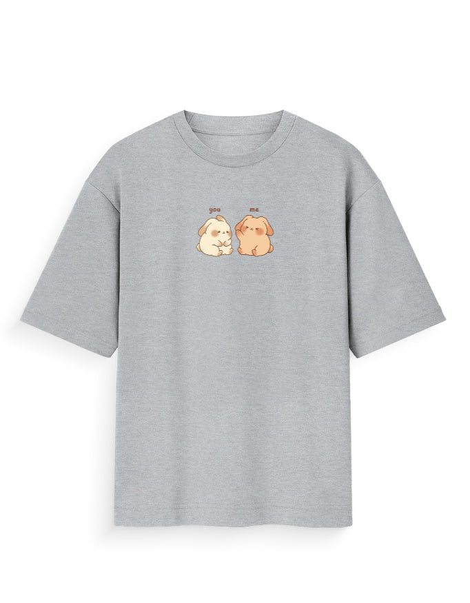 Grey oversized t-shirt with two cute cartoon dogs and 'you' and 'me' text on front