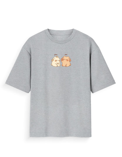 Grey oversized t-shirt with two cute cartoon dogs and 'you' and 'me' text on front