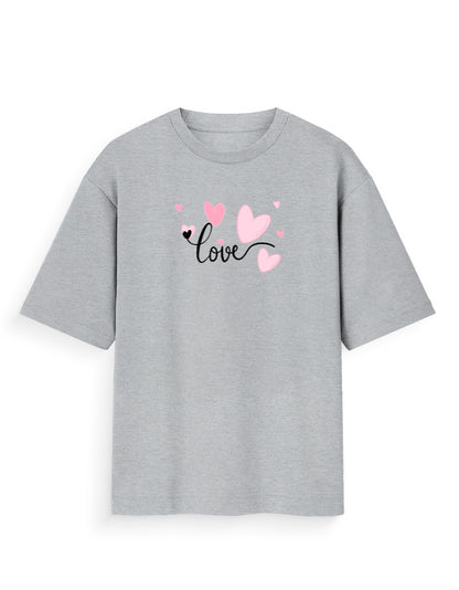Grey oversized t-shirt with 'love' text and pink heart graphics, streetwear fashion