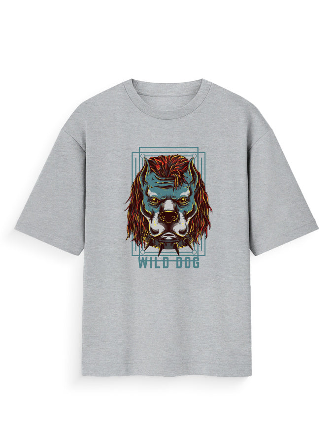 Grey oversized t-shirt with bold graphic of a wild dog face and text, streetwear fashion
