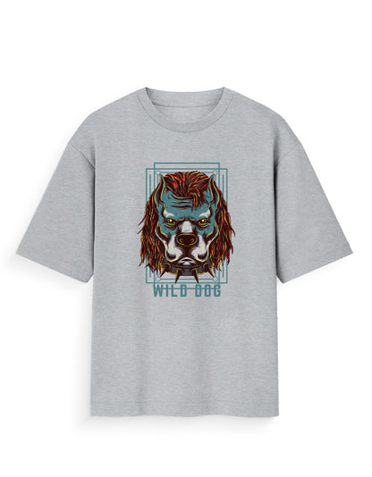 Grey oversized t-shirt with bold graphic of a wild dog face and text, streetwear fashion