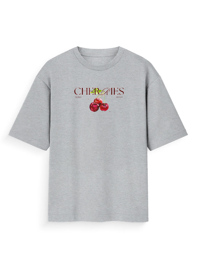 Grey oversized t-shirt with cherries graphic and bold 'CHERRIES' text on the front