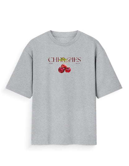 Grey oversized t-shirt with cherries graphic and bold 'CHERRIES' text on the front