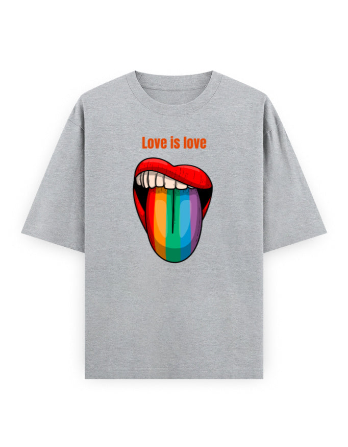 Grey oversized t-shirt with 'Love is love' text and rainbow lips graphic, streetwear style.
