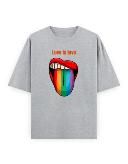 Grey oversized t-shirt with 'Love is love' text and rainbow lips graphic, streetwear style.