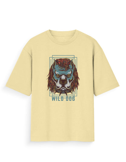 Beige oversized streetwear t-shirt with bold wild dog graphic print on front