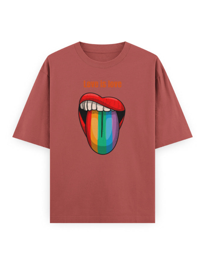 Oversized mauve streetwear t-shirt with 'Love is love' and rainbow tongue graphic print