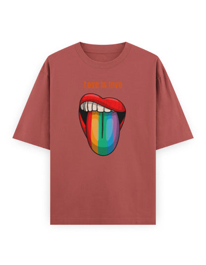 Oversized mauve streetwear t-shirt with 'Love is love' and rainbow tongue graphic print