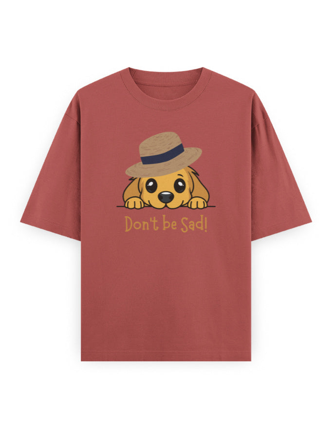 Oversized mauve t-shirt with cute dog in a hat and 'Don't be Sad!' text print