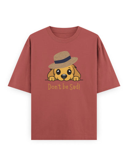 Oversized mauve t-shirt with cute dog in a hat and 'Don't be Sad!' text print