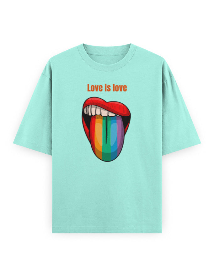 Mint green oversized t-shirt with rainbow lips graphic and 'Love is love' text, streetwear fashion