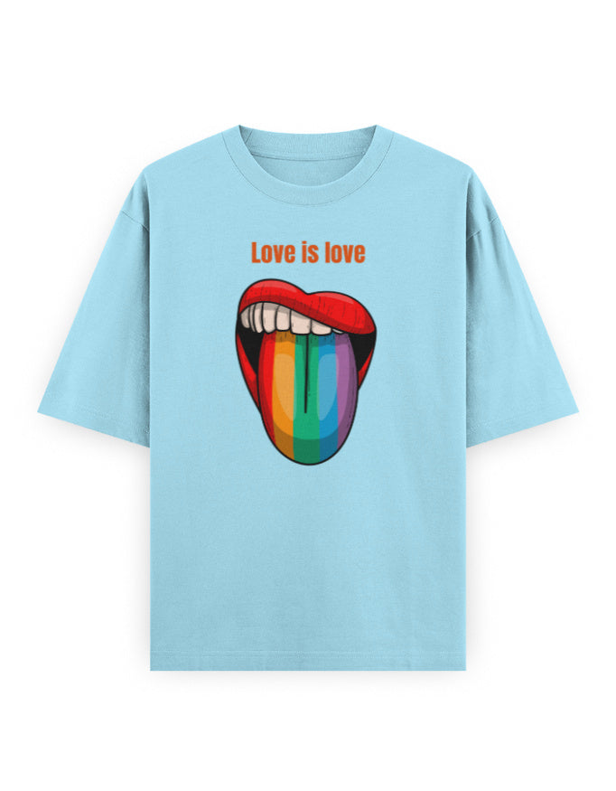 Light blue oversized t-shirt with 'Love is love' text and rainbow lips graphic, streetwear fashion
