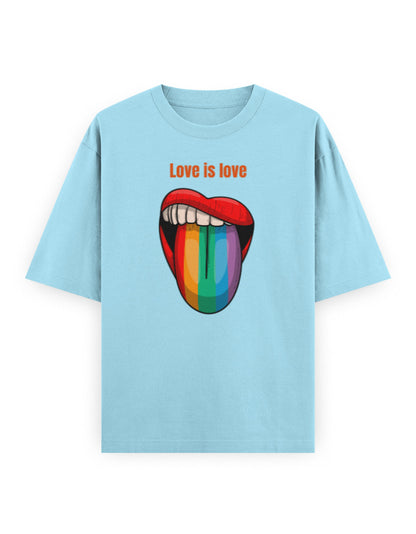 Light blue oversized t-shirt with 'Love is love' text and rainbow lips graphic, streetwear fashion