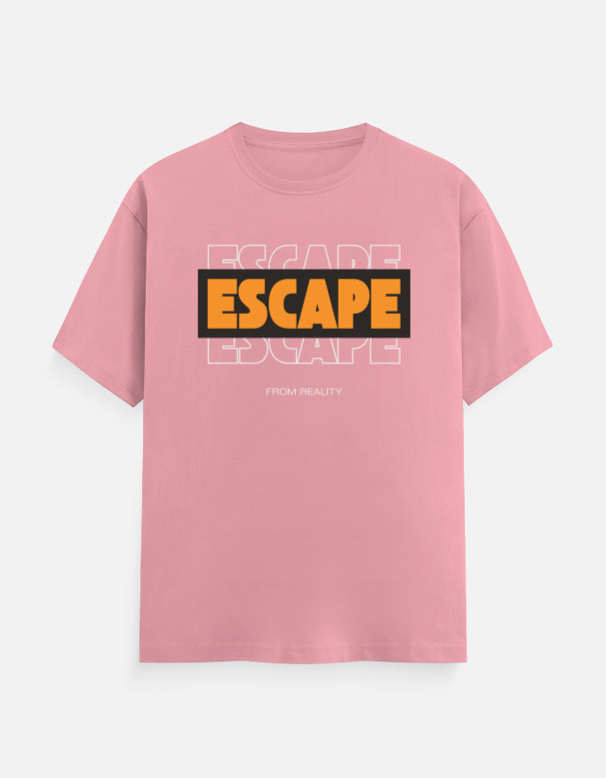 A pink short-sleeve crewneck t-shirt featuring a graphic on the chest with the word 'ESCAPE' in bold yellow letters inside a black rectangle, layered over faint white 'ESCAPE' text, with 'FROM REALITY' printed below in small white letters.