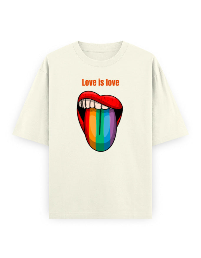 Oversized white t-shirt with 'Love is love' text and rainbow tongue graphic, streetwear style