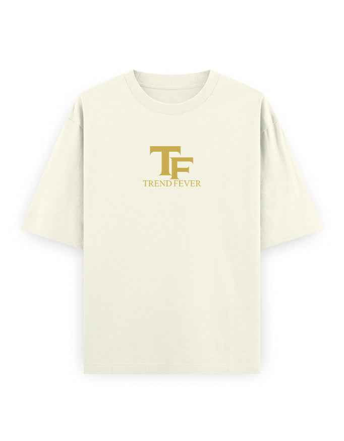 Oversized beige streetwear t-shirt with gold TF Trend Fever logo on front