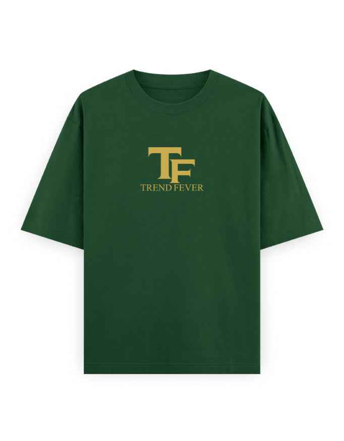 Dark green oversized streetwear t-shirt with gold TF Trend Fever logo on front