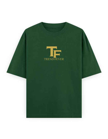 Dark green oversized streetwear t-shirt with gold TF Trend Fever logo on front