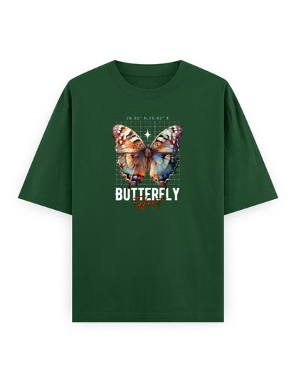 Green oversized t-shirt with colorful butterfly graphic and 'Butterfly Effect' streetwear print
