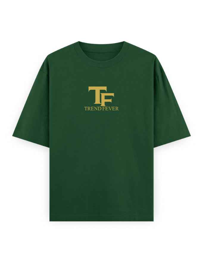 Green oversized t-shirt with bold yellow TF Trend Fever logo on front, streetwear fashion