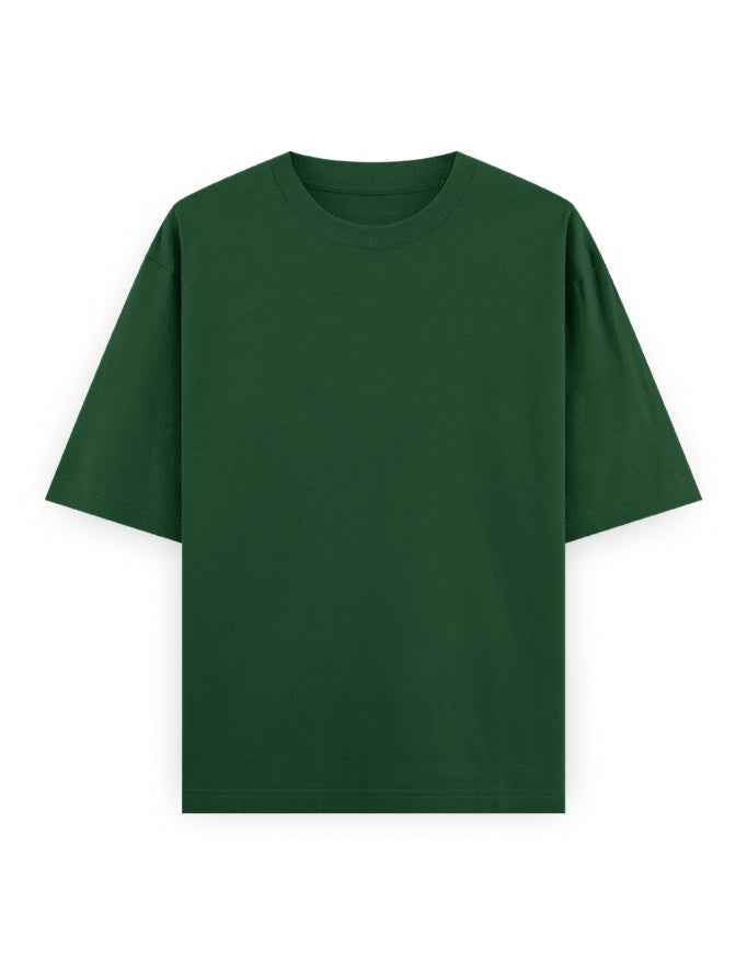 Oversized plain dark green unisex t-shirt with short sleeves on white background