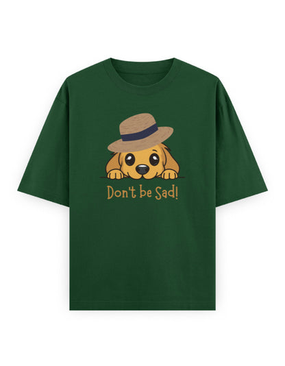 Oversized green streetwear t-shirt with cartoon dog in hat and 'Don't be Sad!' text