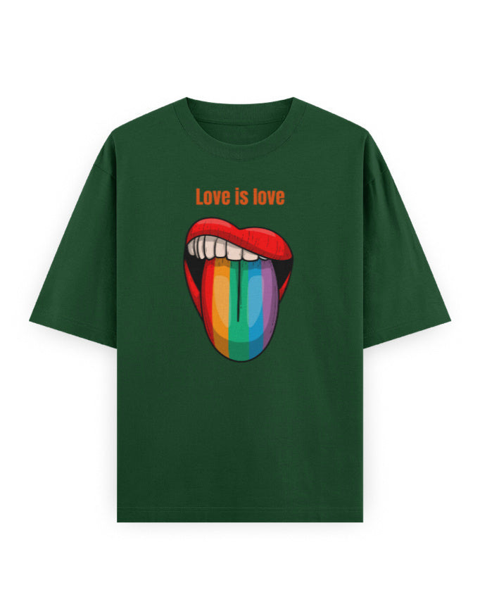 Oversized green t-shirt with 'Love is love' text and rainbow tongue graphic, streetwear style