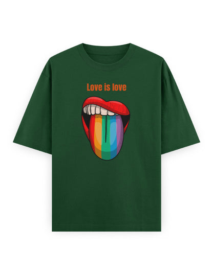 Oversized green t-shirt with 'Love is love' text and rainbow tongue graphic, streetwear style
