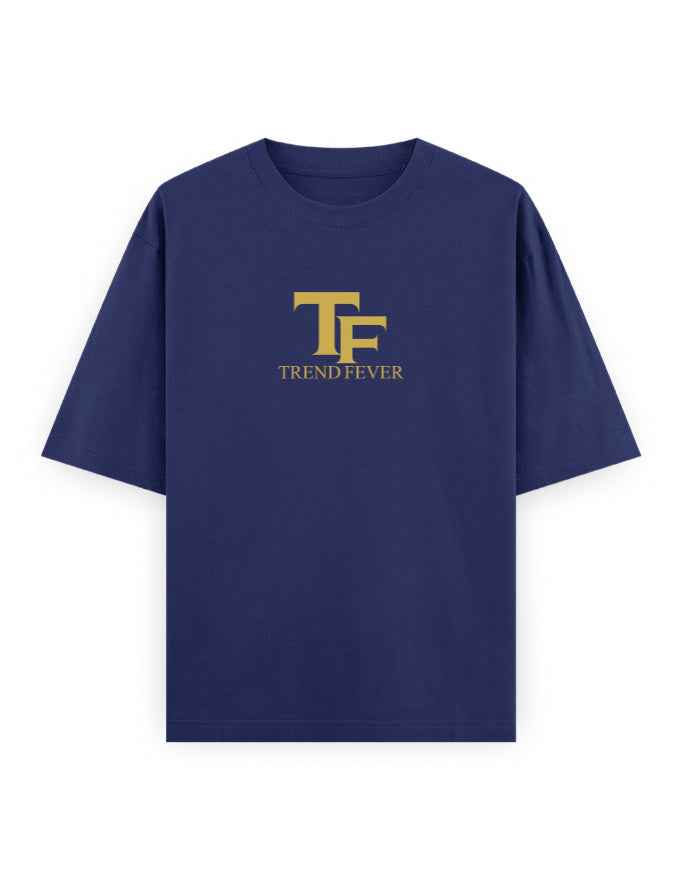 navy blue oversized t-shirt with bold yellow TF Trend Fever logo on front