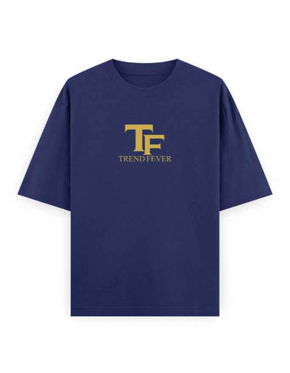 navy blue oversized t-shirt with bold yellow TF Trend Fever logo on front