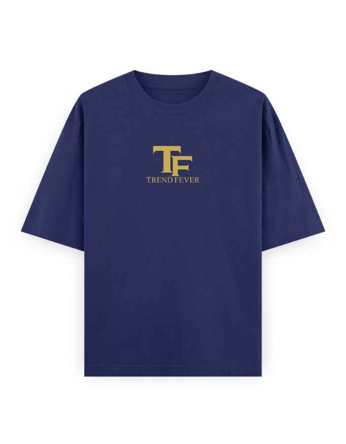 Navy blue oversized streetwear t-shirt with gold TF Trend Fever logo on chest