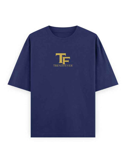 Navy blue oversized streetwear t-shirt with gold TF Trend Fever logo on chest