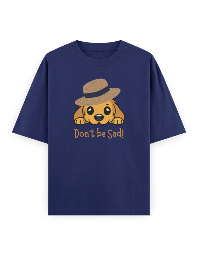 Navy blue oversized t-shirt with cute dog in hat graphic and 'Don't be Sad!' text for streetwear