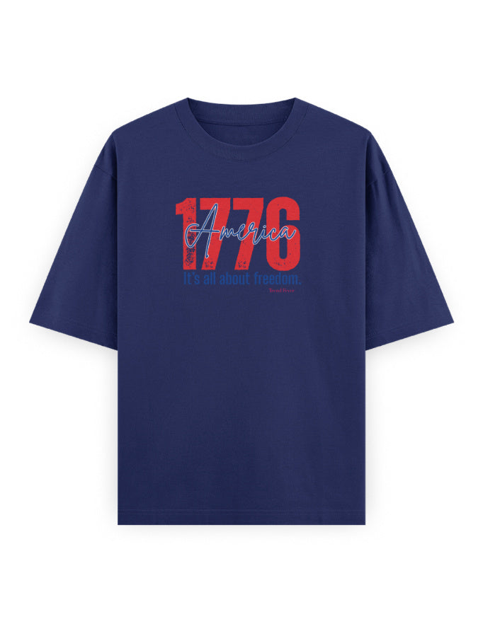 Navy blue oversized t-shirt with red 1776 America freedom graphic on front