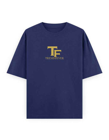 Navy blue oversized t-shirt with gold TF Trend Fever logo on front, streetwear style
