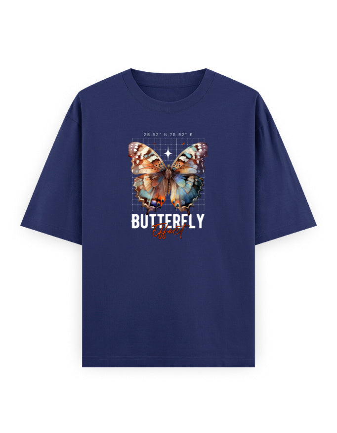 Navy blue oversized t-shirt with colorful butterfly graphic and 'Butterfly Effect' text.