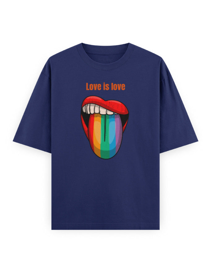 Oversized navy t-shirt with 'Love is love' text and rainbow lips graphic, streetwear style