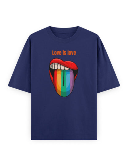 Oversized navy t-shirt with 'Love is love' text and rainbow lips graphic, streetwear style